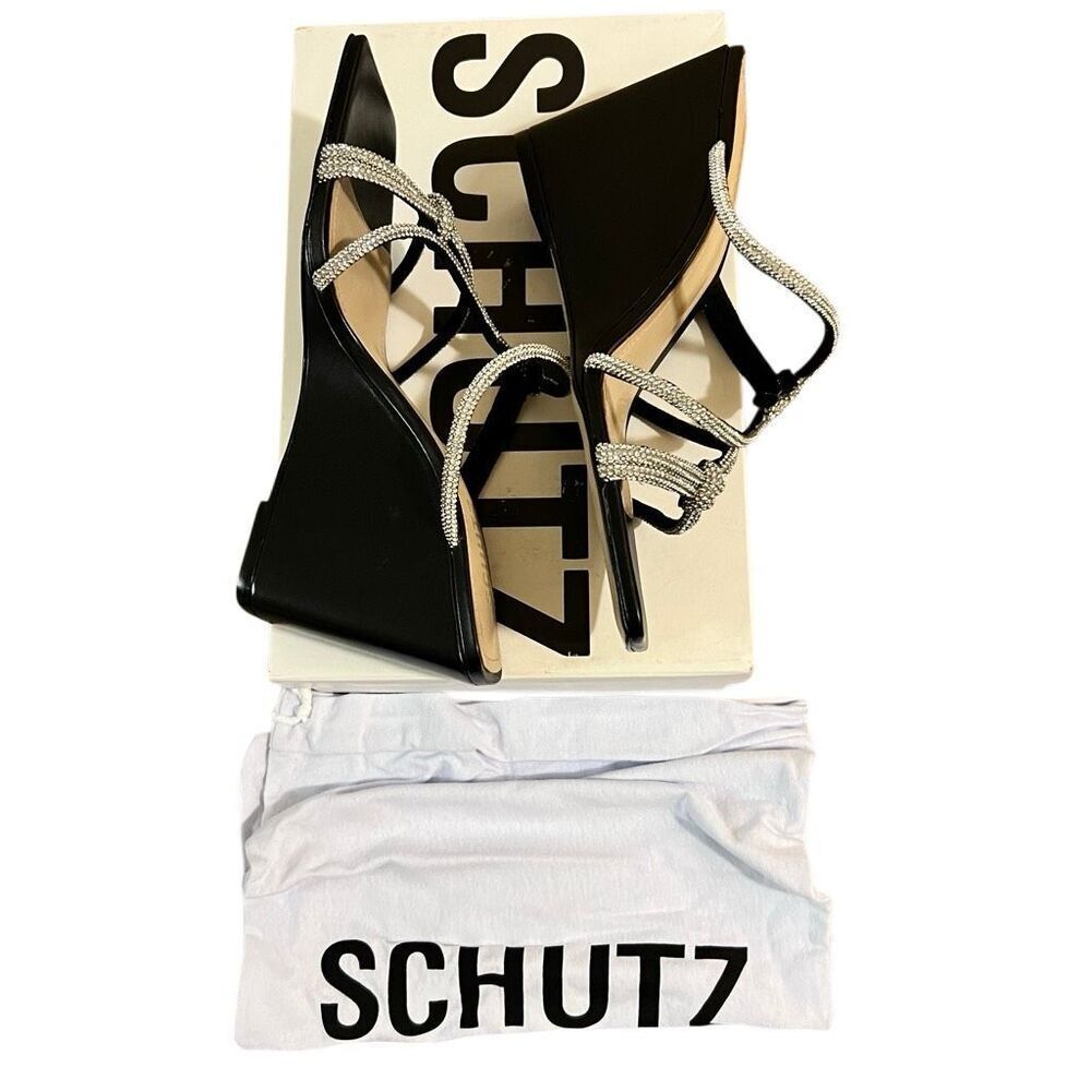 Schutz Squared Toe Crystal Strappy Wedge Platform Sandal “Lauryn” 8.5 Slip on - Picture 2 of 6